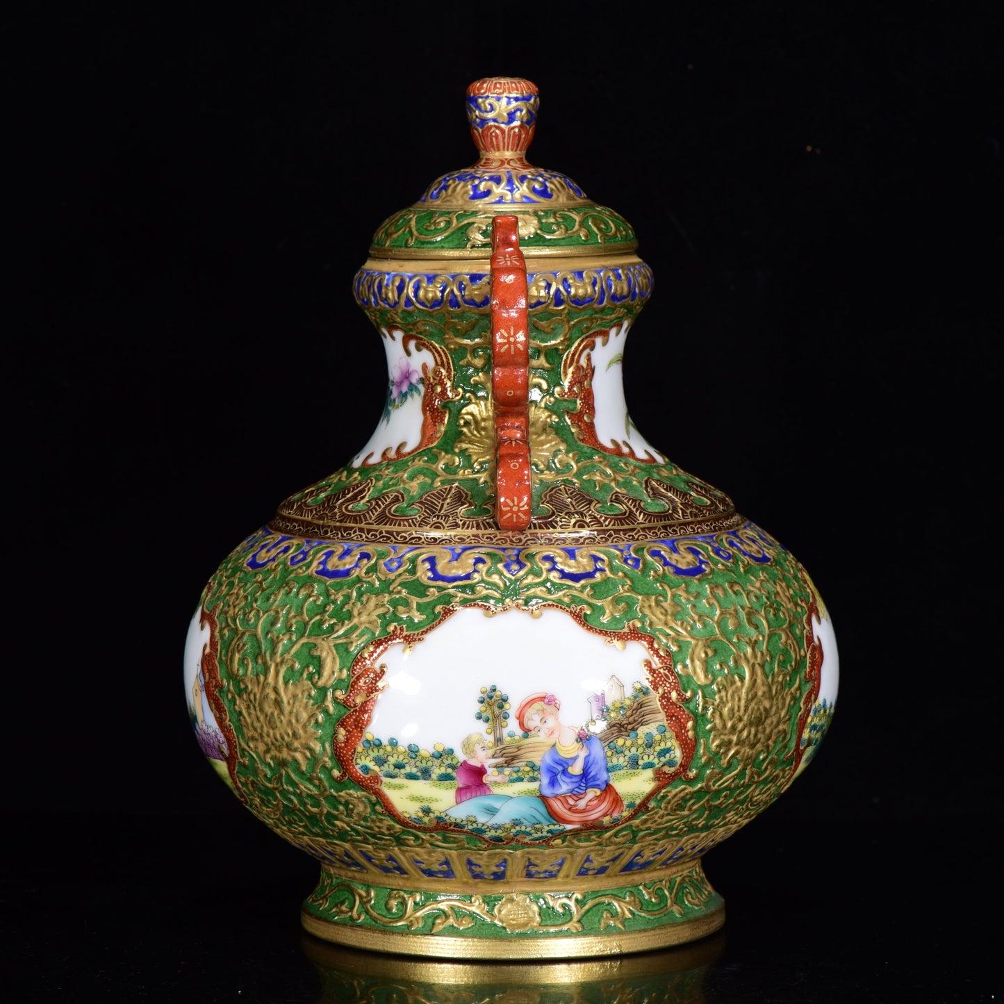 A0034 Chinese Gilt Gold Famille Rose Low Relief Flower & Figure Design Doulbe Ears Porcelain Pot