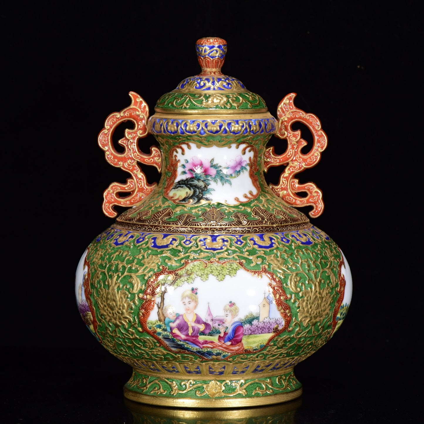 A0034 Chinese Gilt Gold Famille Rose Low Relief Flower & Figure Design Doulbe Ears Porcelain Pot