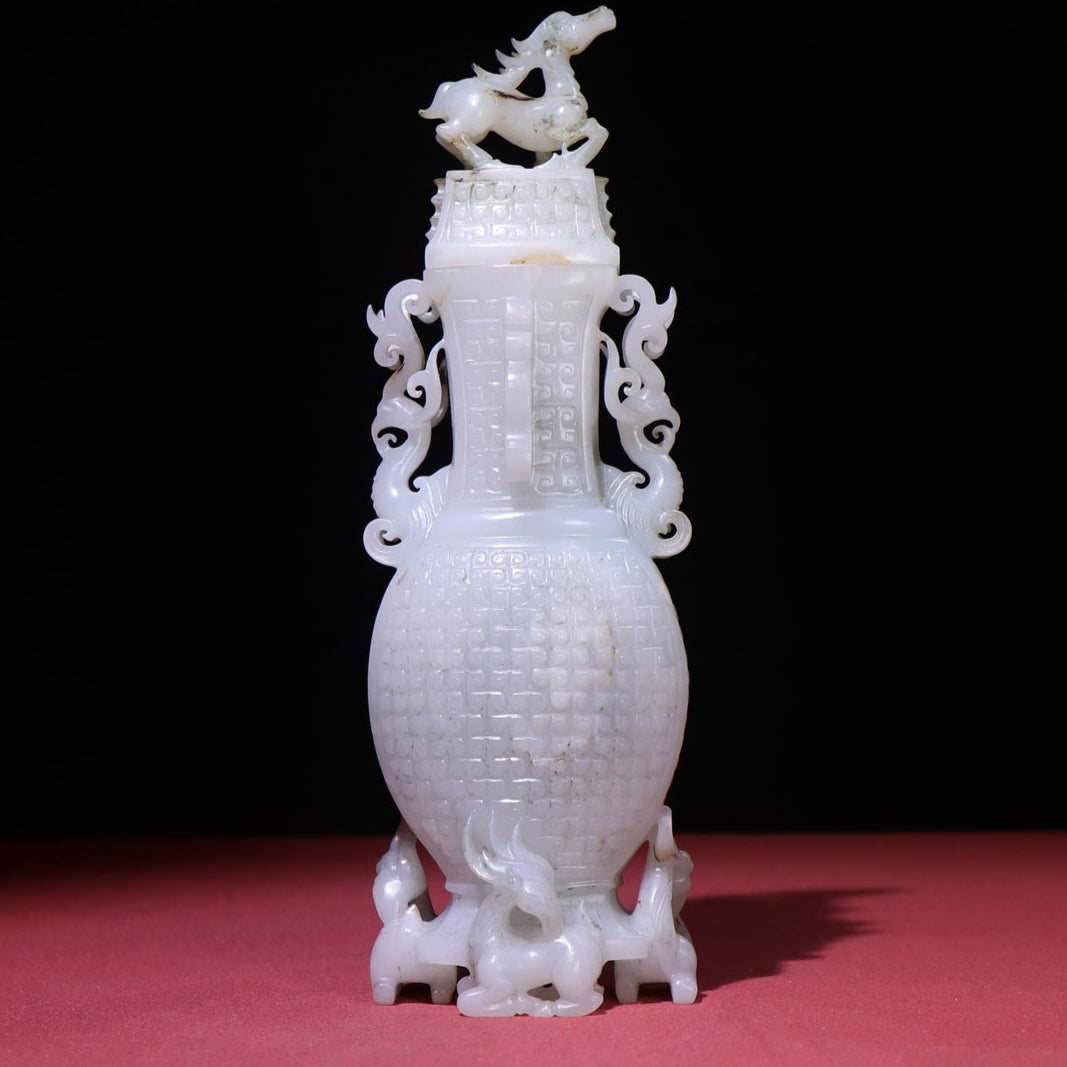 A0038 High Quality Vintage Chinese Hetian Jade High Relief Deer & Phoenix Doble Ears Bottle