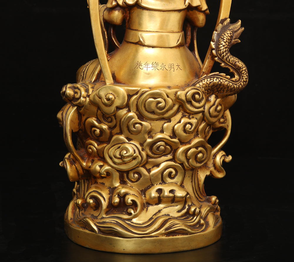 A0039 Vintage Chinese Gilt Gold Copper Kwan-yin & Fortune Dragon Statue