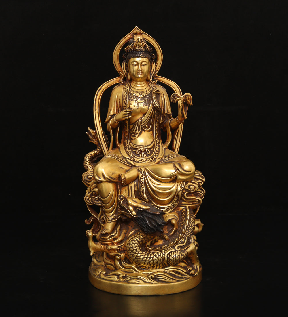 A0039 Vintage Chinese Gilt Gold Copper Kwan-yin & Fortune Dragon Statue