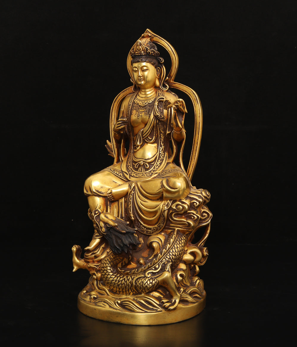 A0039 Vintage Chinese Gilt Gold Copper Kwan-yin & Fortune Dragon Statue