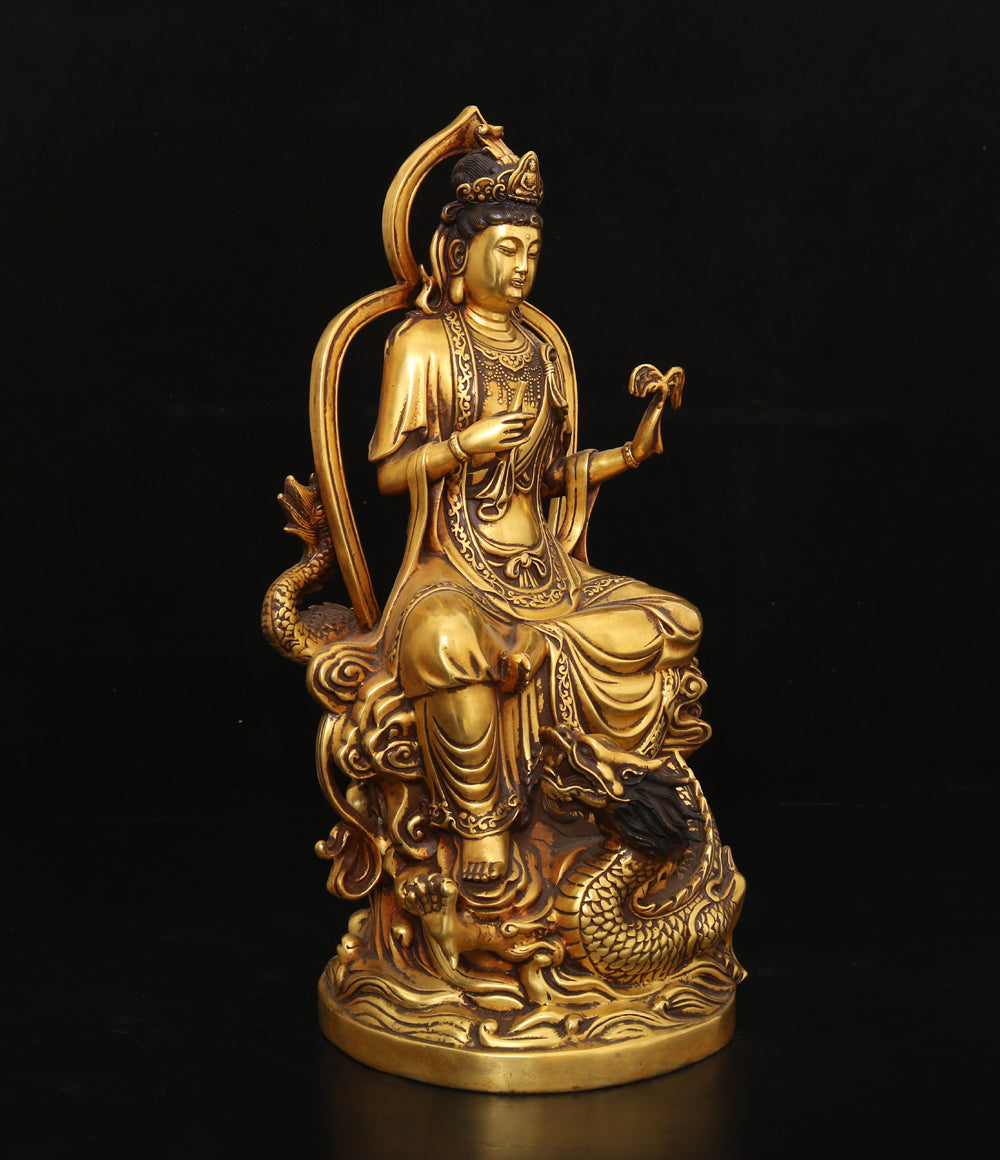 A0039 Vintage Chinese Gilt Gold Copper Kwan-yin & Fortune Dragon Statue