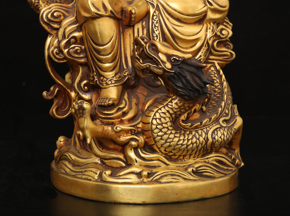 A0039 Vintage Chinese Gilt Gold Copper Kwan-yin & Fortune Dragon Statue