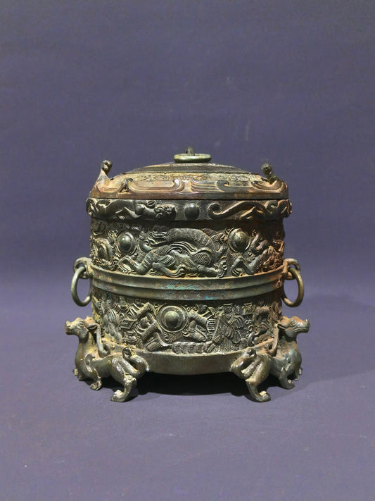 A0041 Vintage Chinese Bronze Low Relief Dragon & Figure Design Wine Warmer