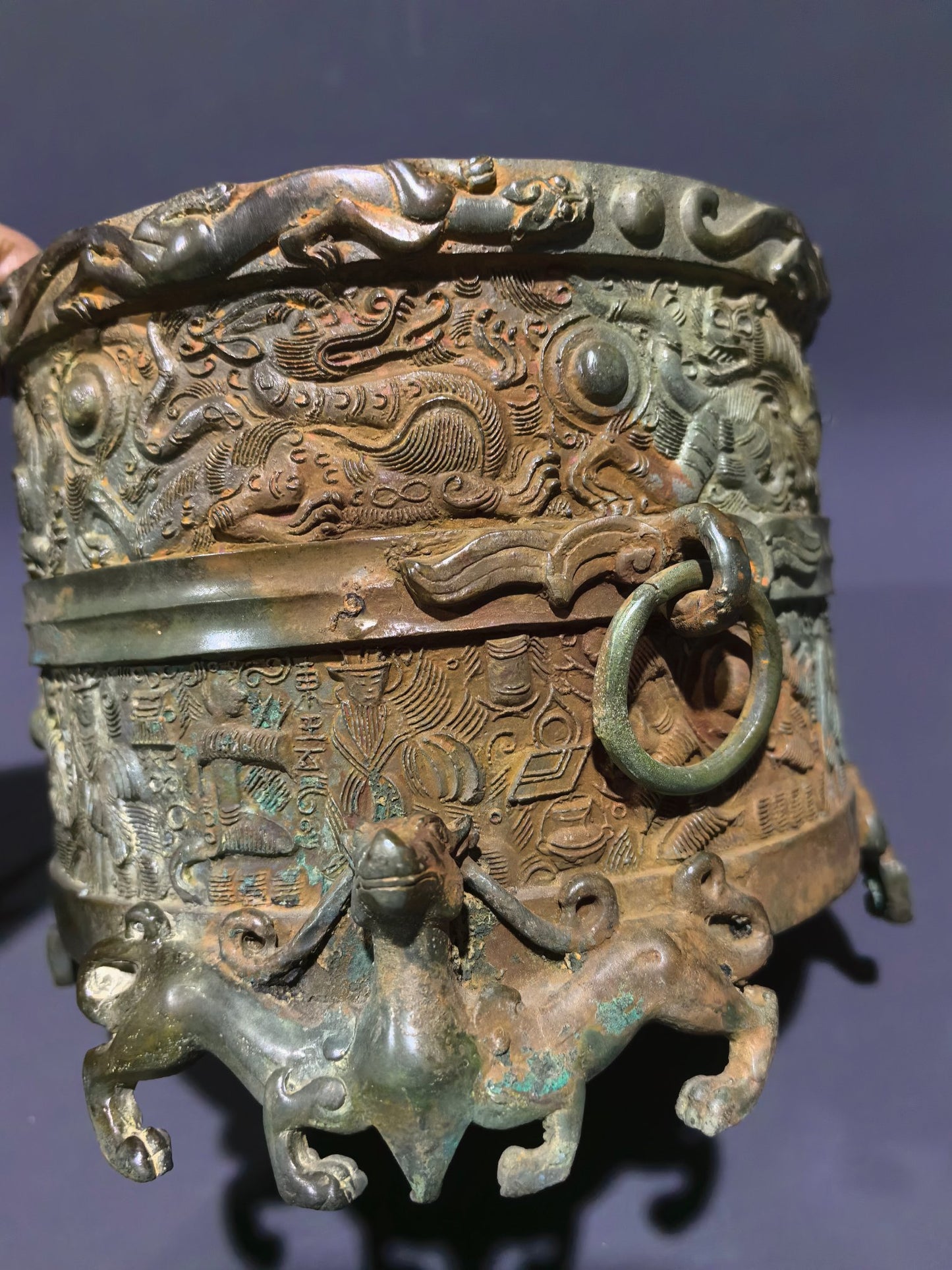 A0041 Vintage Chinese Bronze Low Relief Dragon & Figure Design Wine Warmer