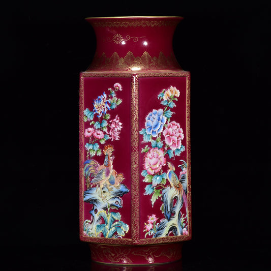 A0042 Chinese Gilt Gold Rouge Red Glaze & Famille Rose Low Relief Flower Bird Design Porcelain Vase