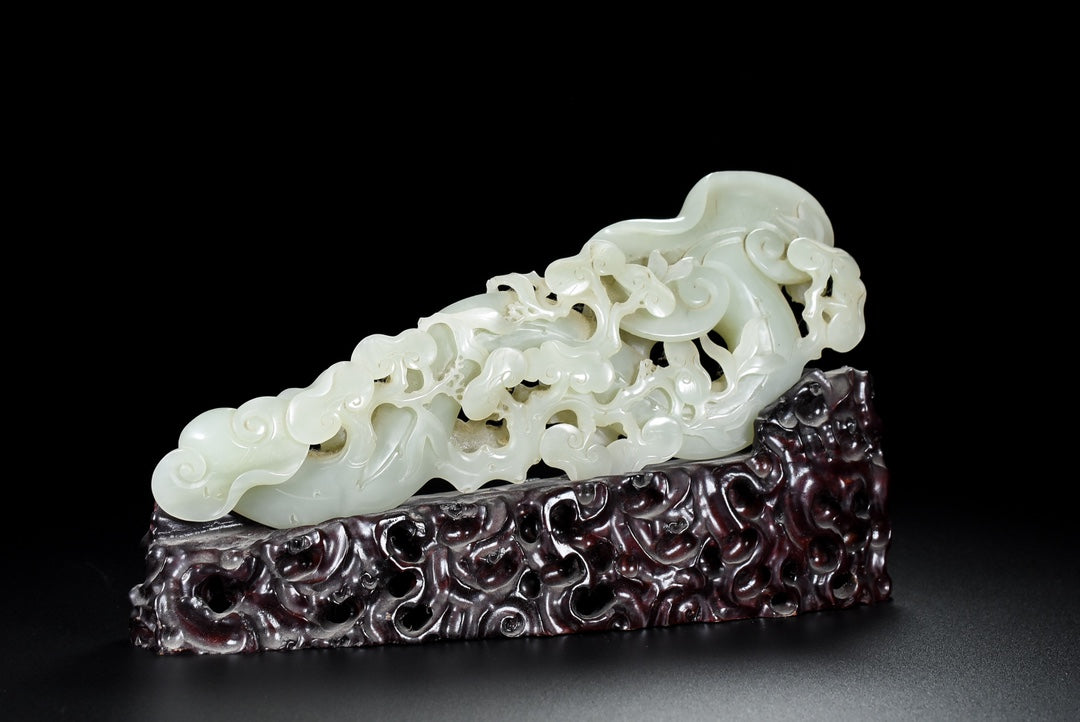 A0044 Openwork Vintage Chinese Hetian Jade Carved Ruyi Statue