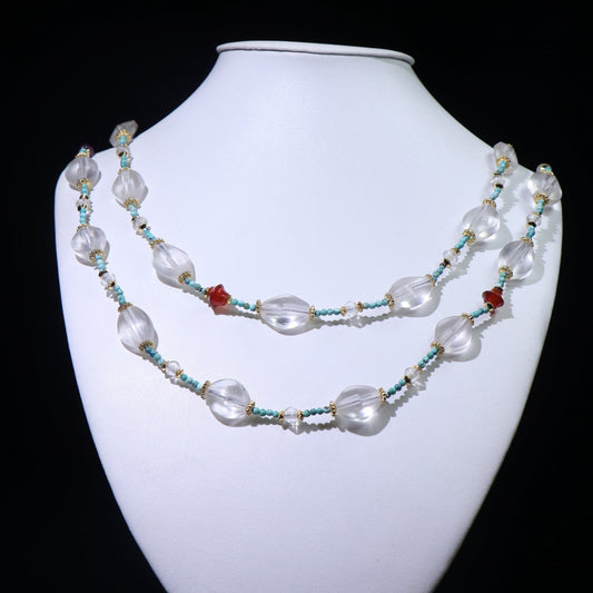 A0045 Beautiful Chinese Natural White Crystal & Red Agate,Turquoise Beads Necklace