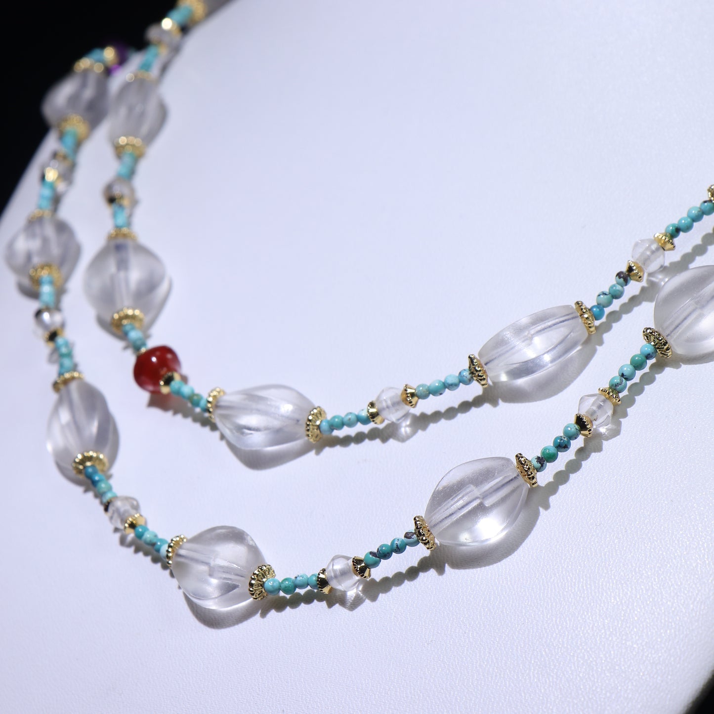 A0045 Beautiful Chinese Natural White Crystal & Red Agate,Turquoise Beads Necklace