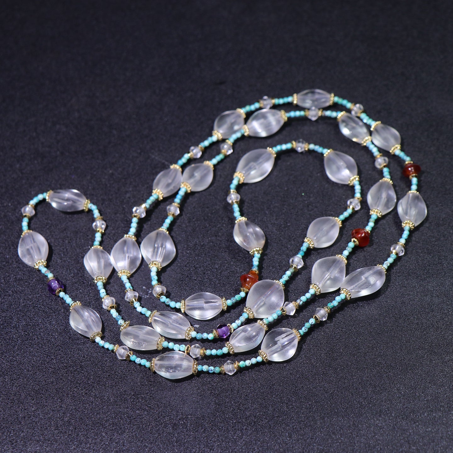 A0045 Beautiful Chinese Natural White Crystal & Red Agate,Turquoise Beads Necklace