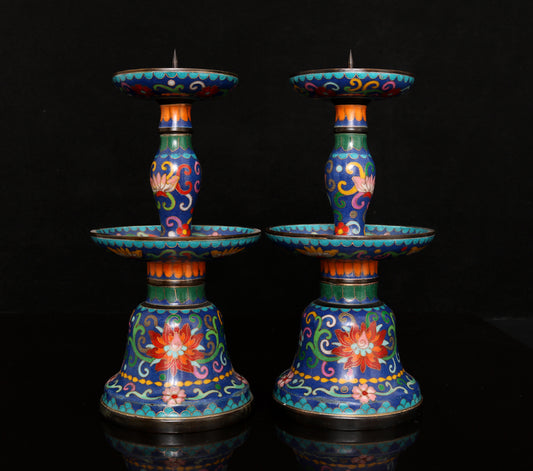 A0046 A Pair Vintage Bronze Cloisonne Flower Design Candlesticks