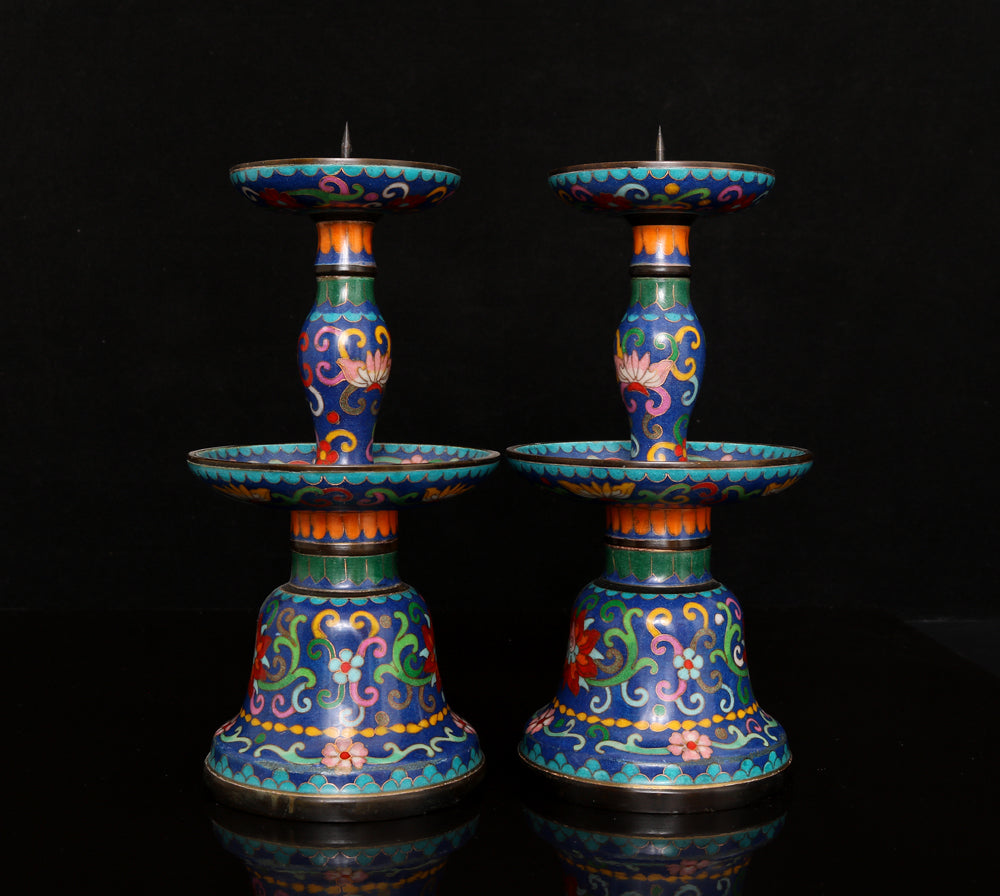 A0046 A Pair Vintage Bronze Cloisonne Flower Design Candlesticks