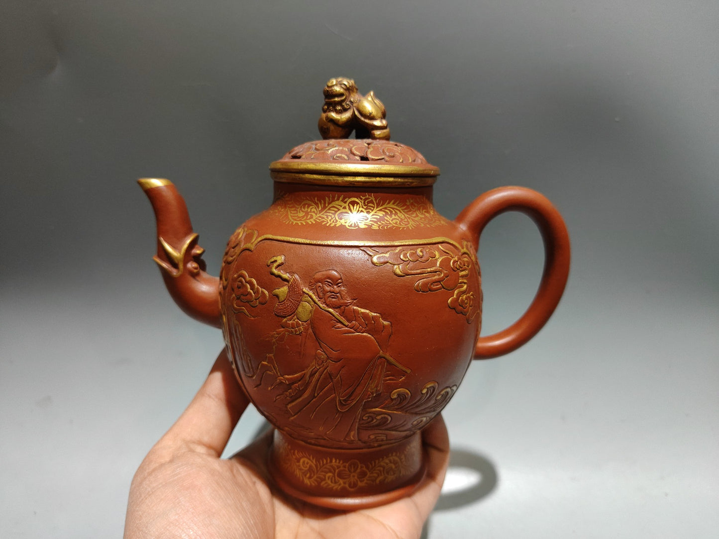 A0047 Vintage Openwork Chinese Gilt Gold Yixing Zisha Clay Arhat Design Teapot