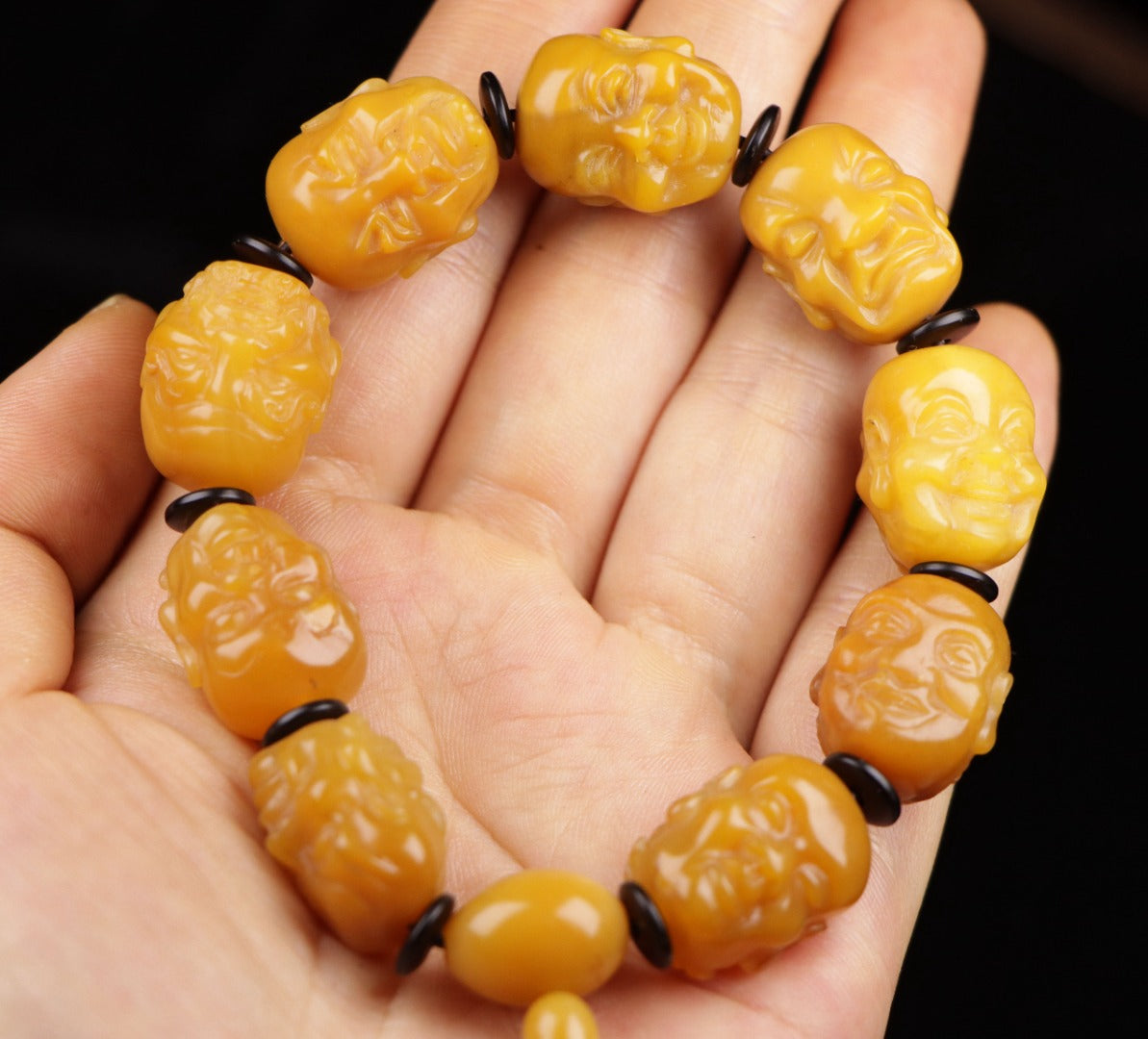 A0048 Old Chinese Shoushan Stone Tianhuang Stone Carved Arhat Beads Bracelet w Box