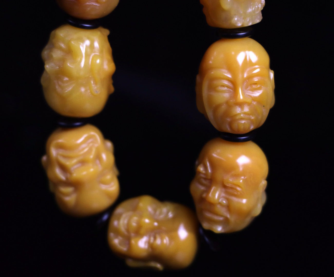 A0048 Old Chinese Shoushan Stone Tianhuang Stone Carved Arhat Beads Bracelet w Box