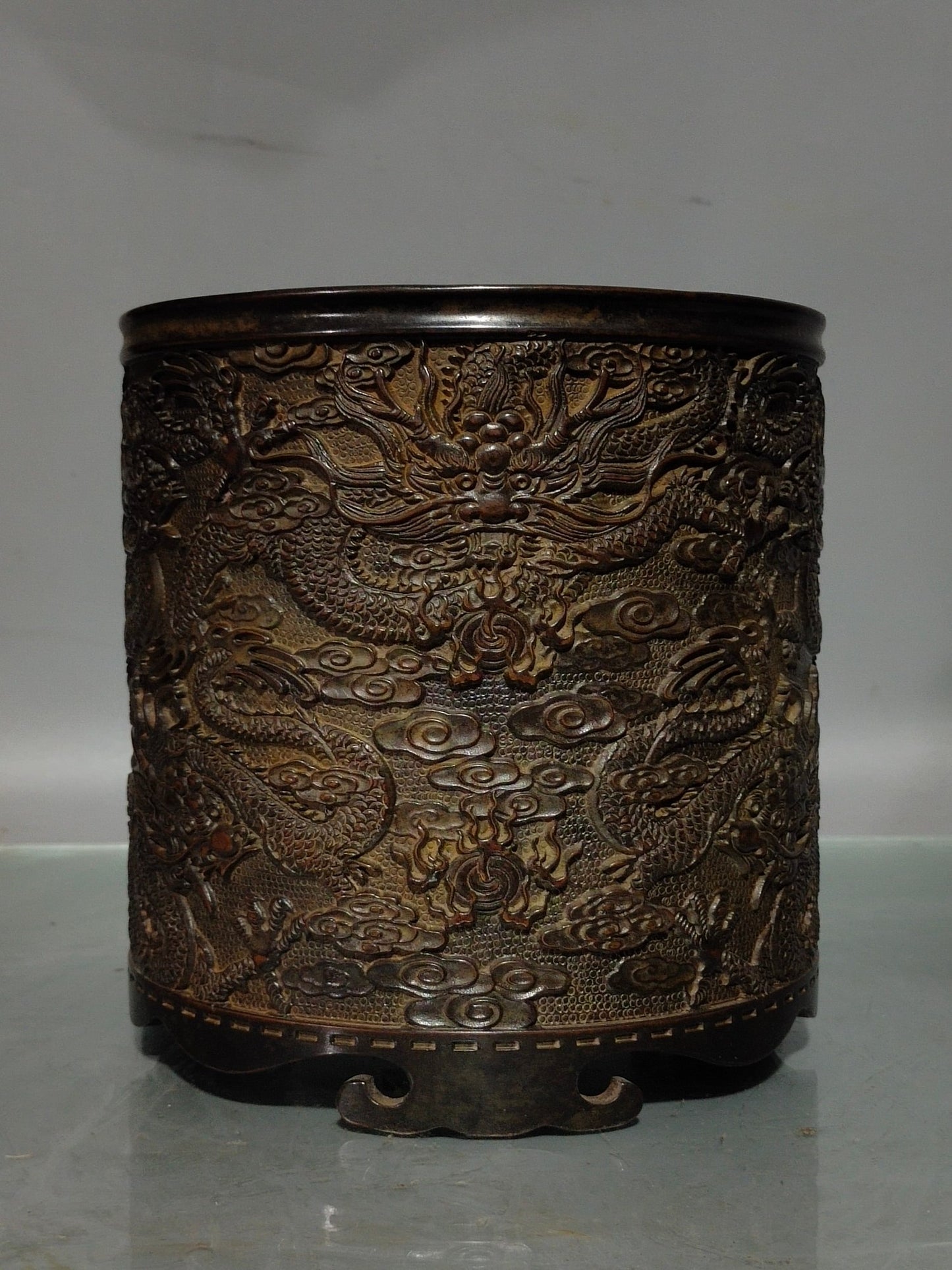 A0049 Vintage Chinese Copper Low Relief Fortune Dragon Design Brush Pot