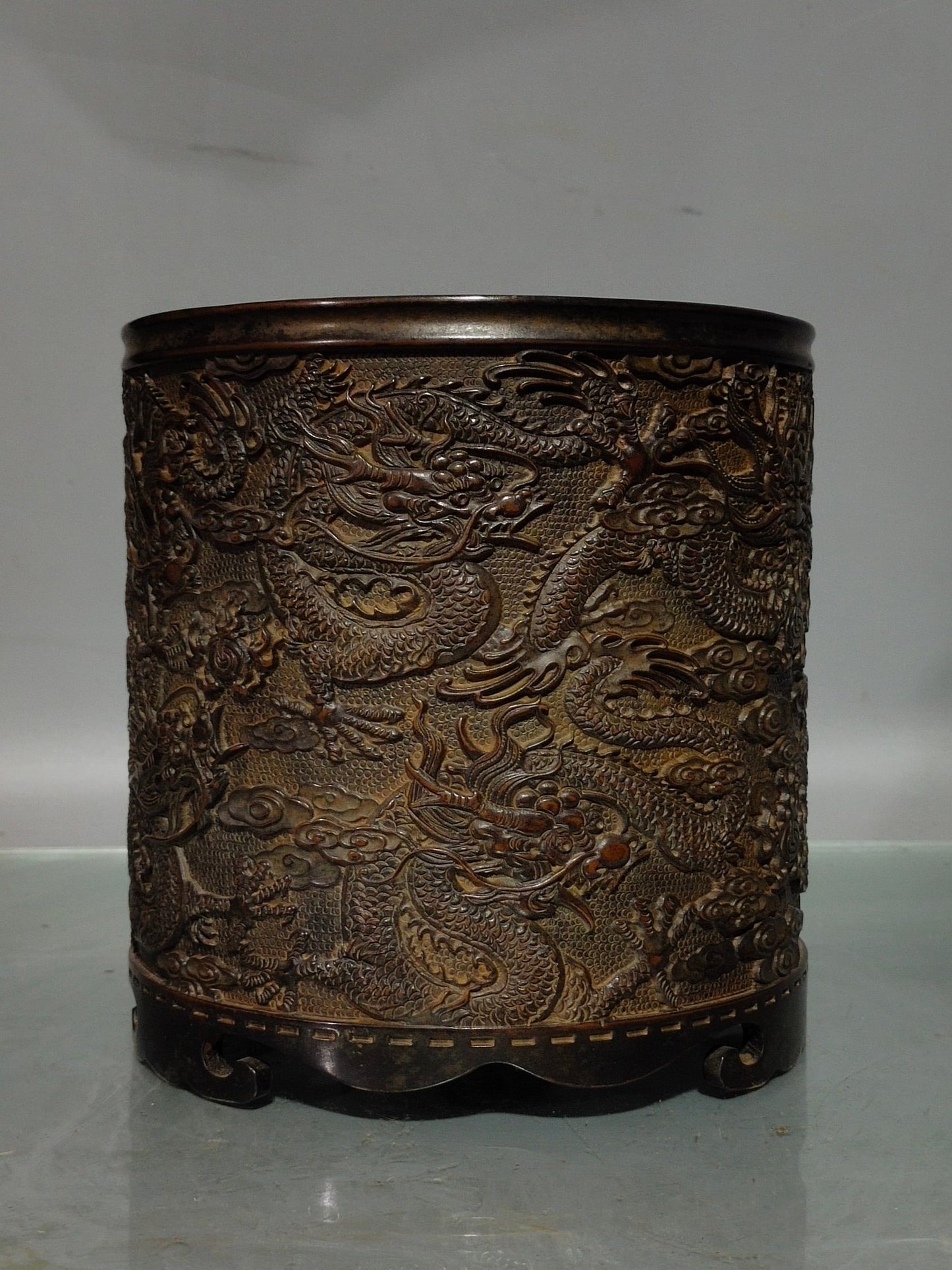 A0049 Vintage Chinese Copper Low Relief Fortune Dragon Design Brush Pot