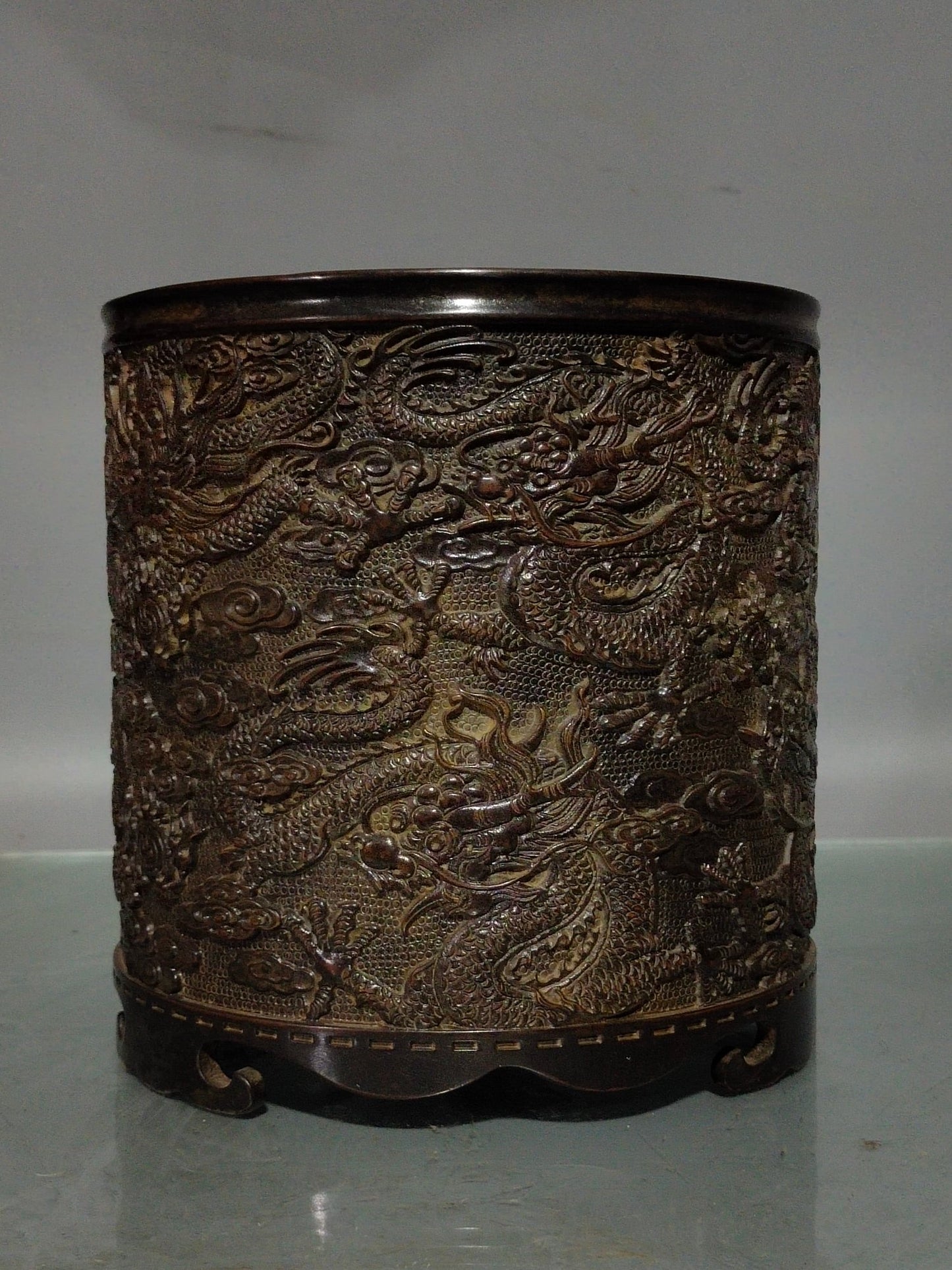 A0049 Vintage Chinese Copper Low Relief Fortune Dragon Design Brush Pot