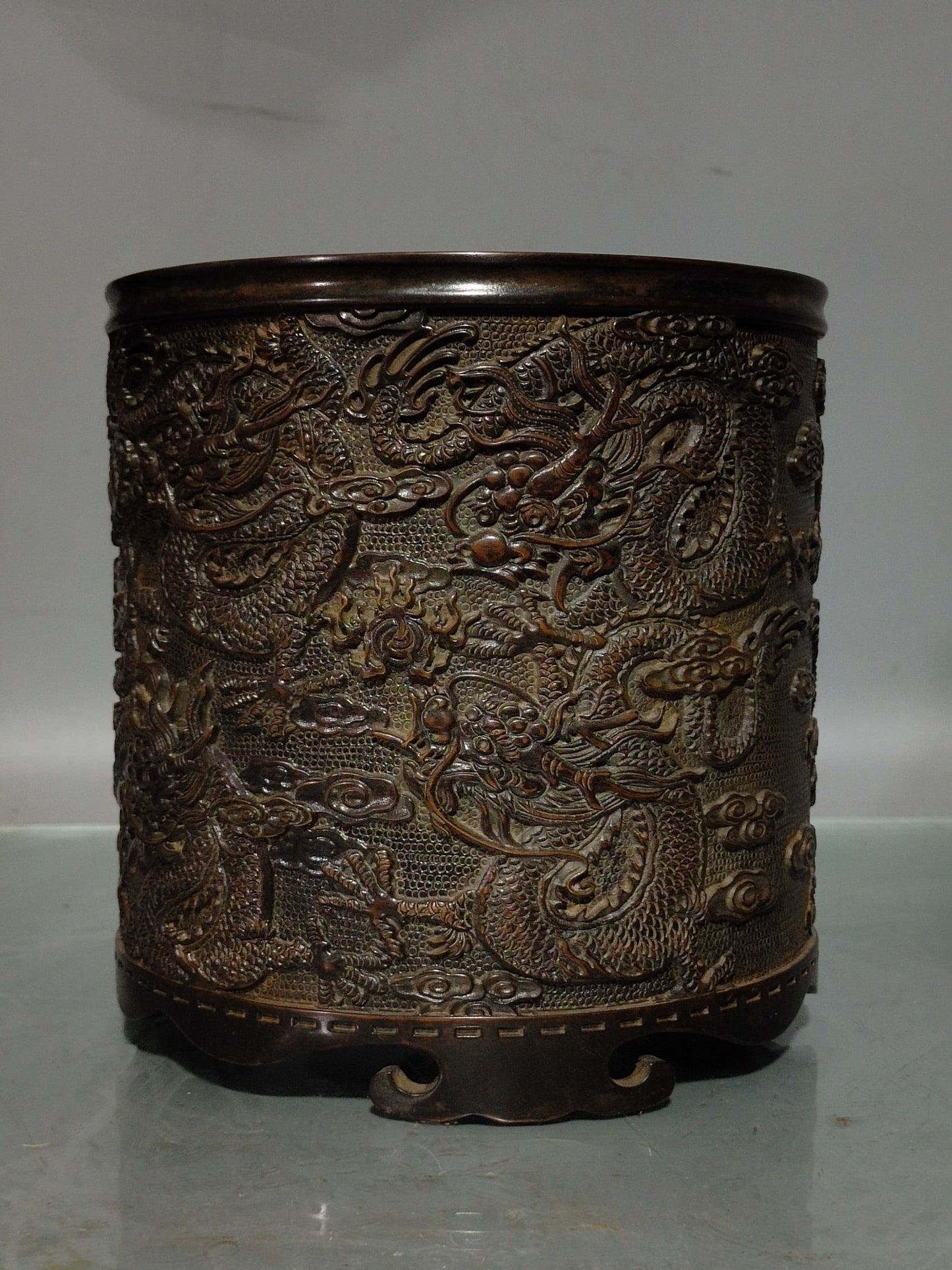 A0049 Vintage Chinese Copper Low Relief Fortune Dragon Design Brush Pot