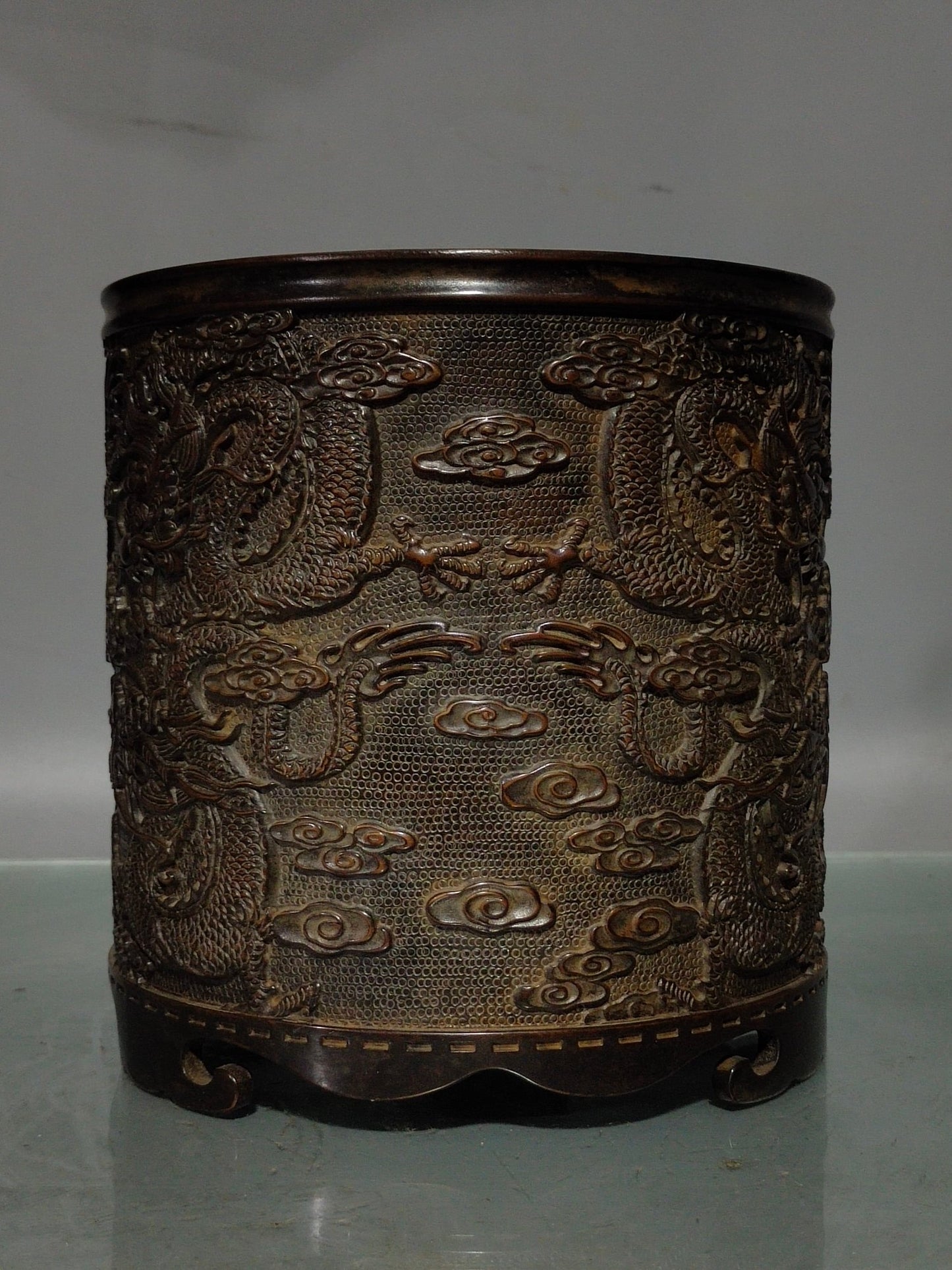 A0049 Vintage Chinese Copper Low Relief Fortune Dragon Design Brush Pot