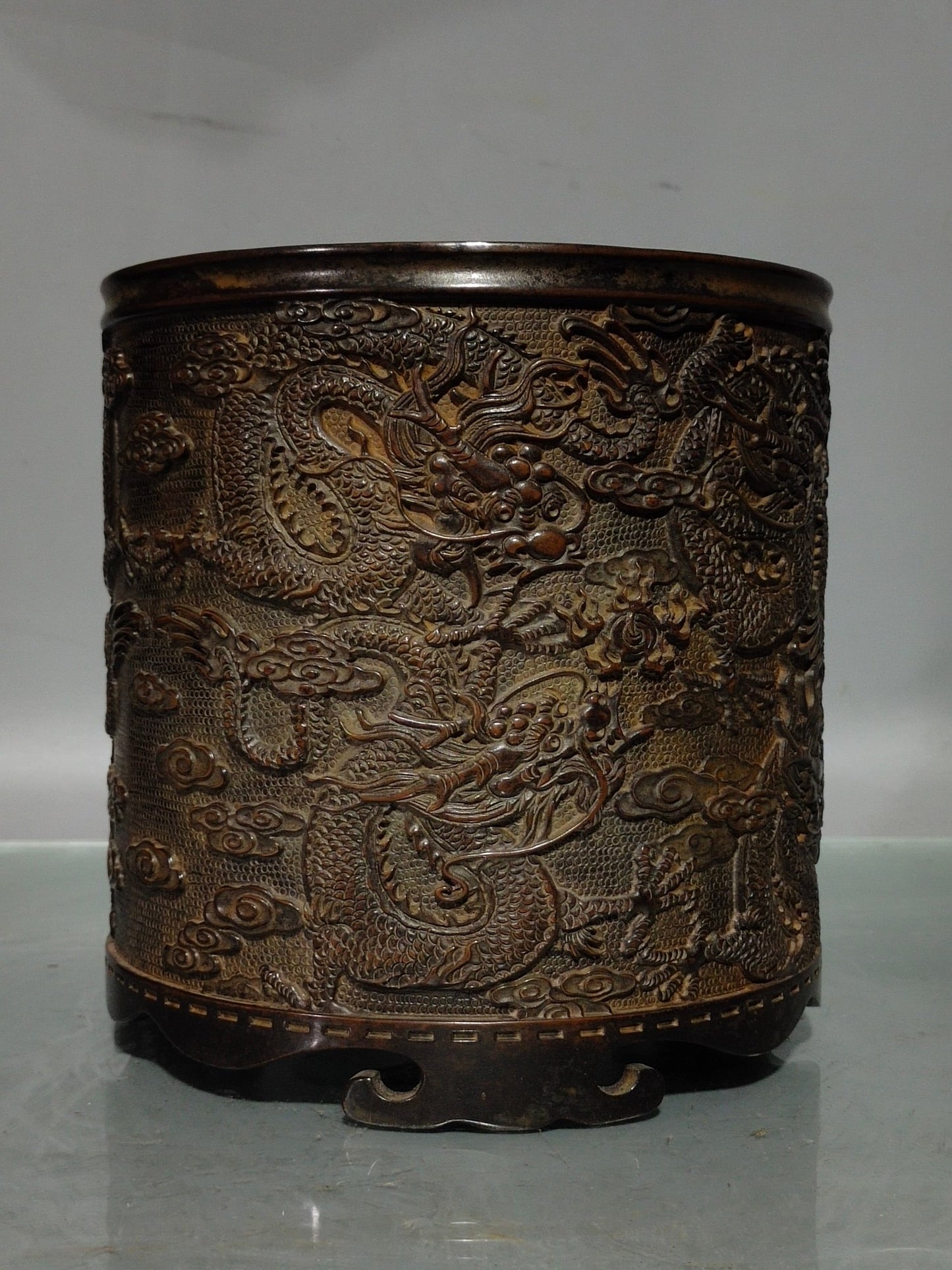 A0049 Vintage Chinese Copper Low Relief Fortune Dragon Design Brush Pot