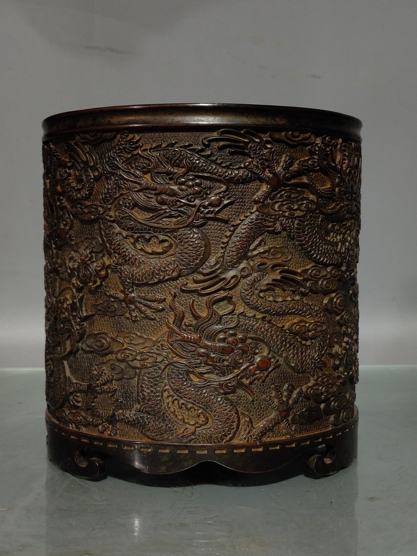 A0049 Vintage Chinese Copper Low Relief Fortune Dragon Design Brush Pot