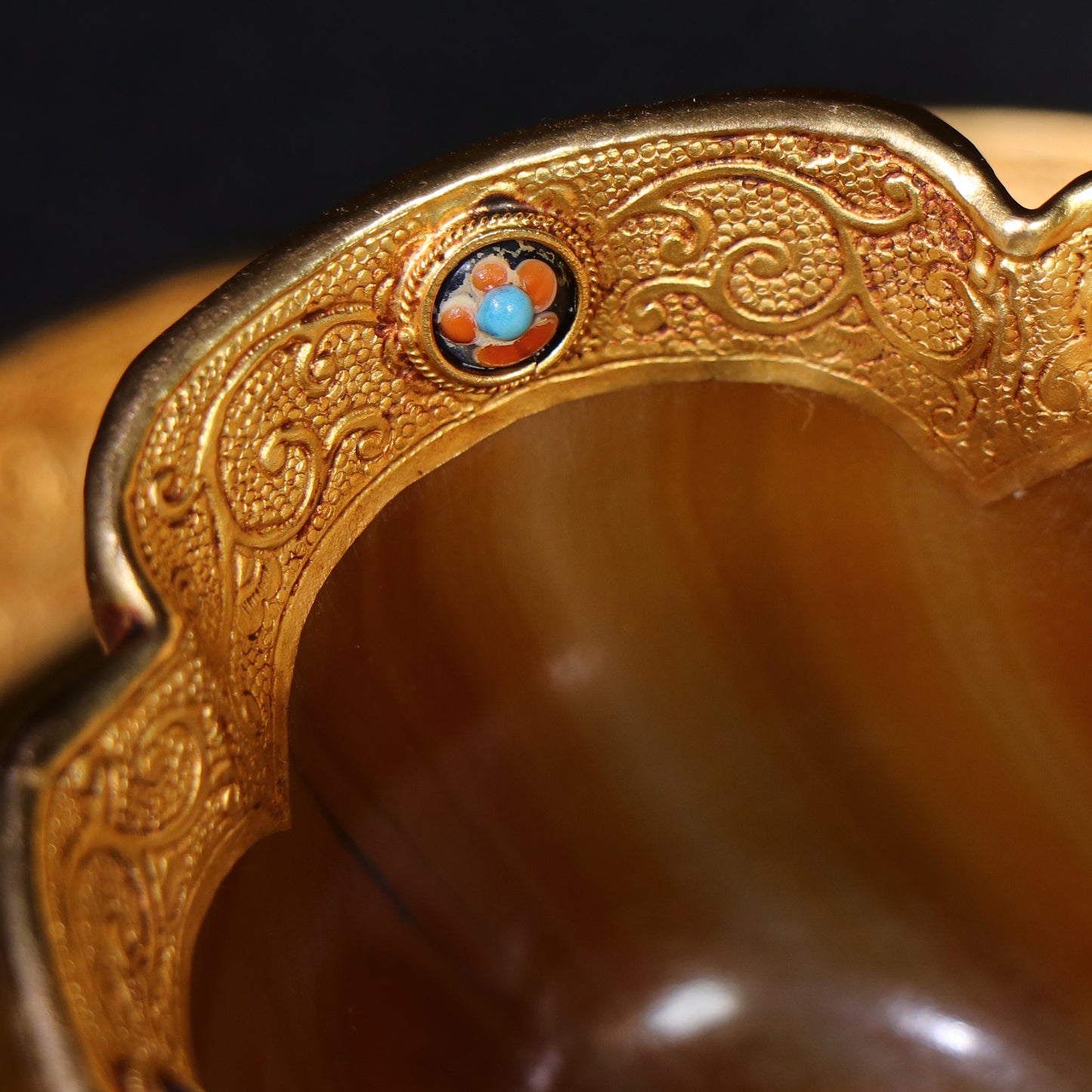 A0051 Vintage Chinese Gilt Gold Inlay Copper & Peking Glass Wine Cup w Plate