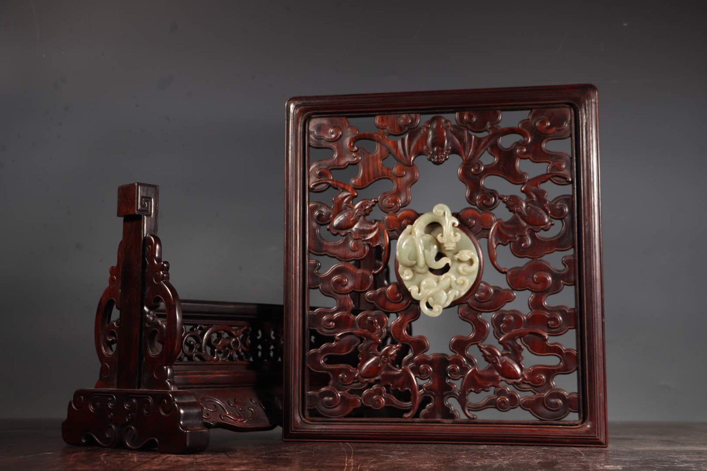 A0053 Openwork Chinese Huanghuali Wood Inlay Hetian Jade Chi Dragon Screen