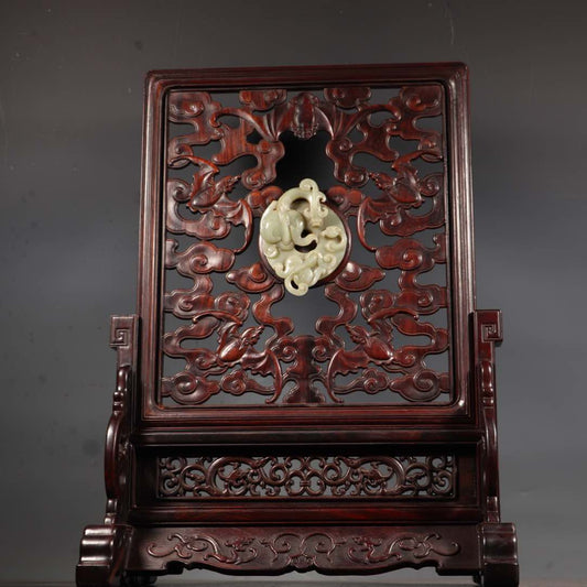 A0053 Openwork Chinese Huanghuali Wood Inlay Hetian Jade Chi Dragon Screen