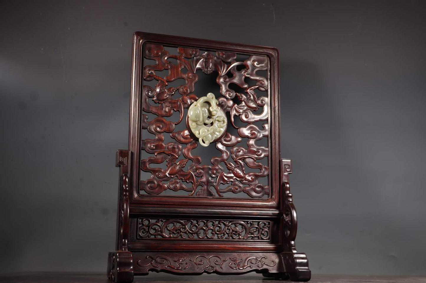 A0053 Openwork Chinese Huanghuali Wood Inlay Hetian Jade Chi Dragon Screen