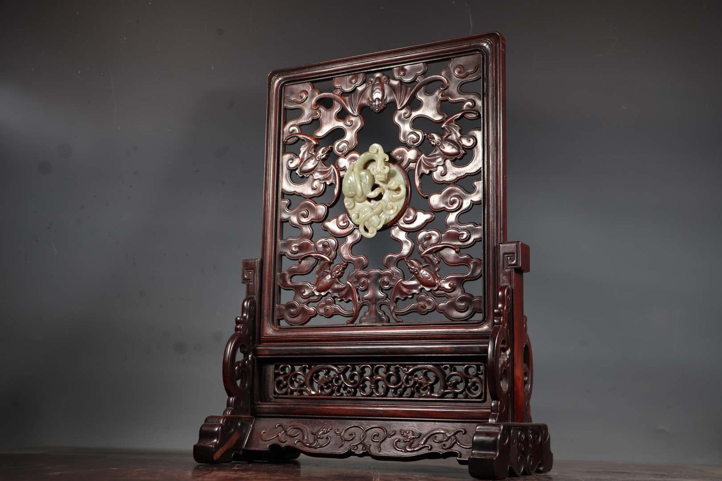 A0053 Openwork Chinese Huanghuali Wood Inlay Hetian Jade Chi Dragon Screen