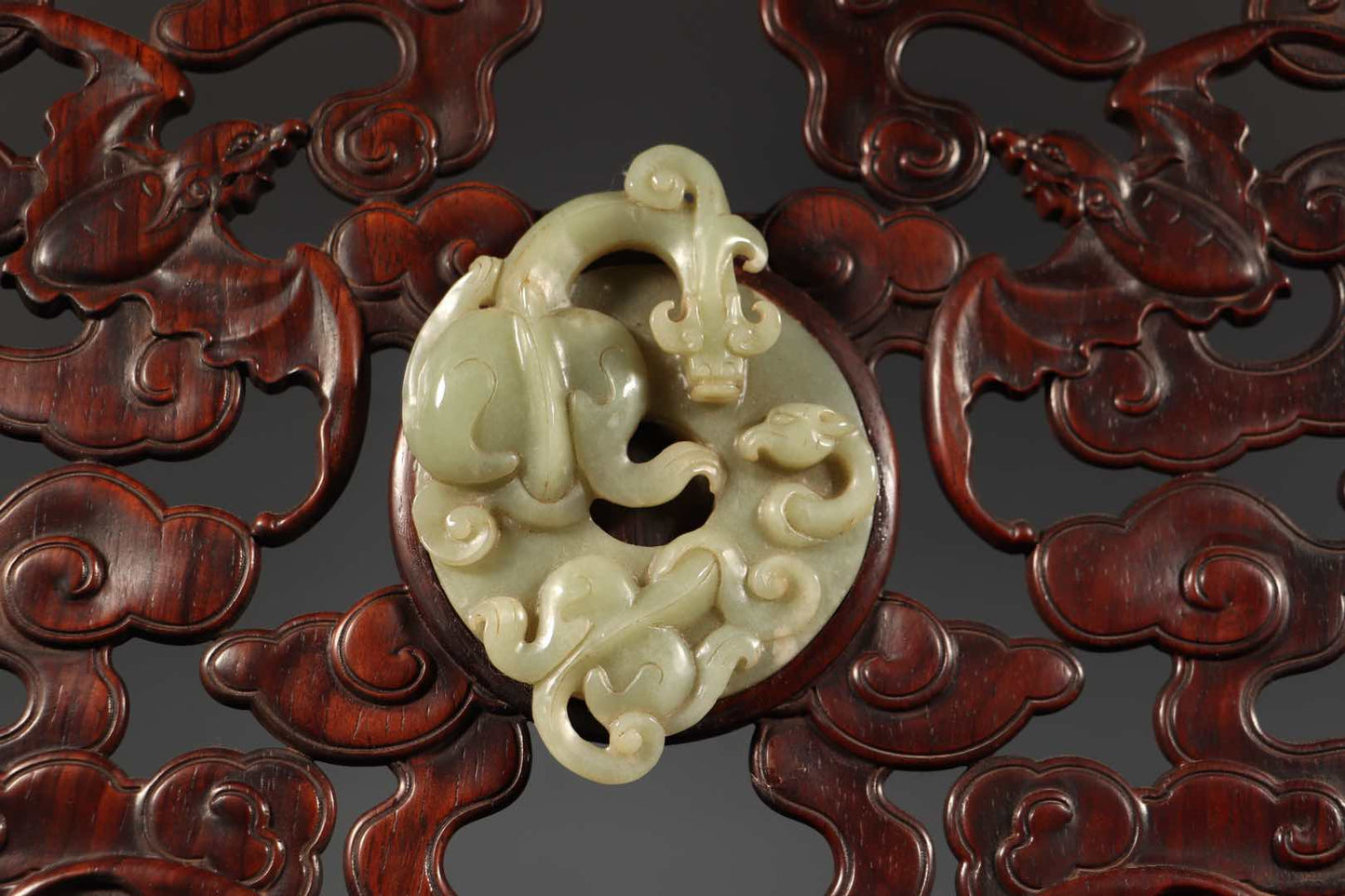 A0053 Openwork Chinese Huanghuali Wood Inlay Hetian Jade Chi Dragon Screen