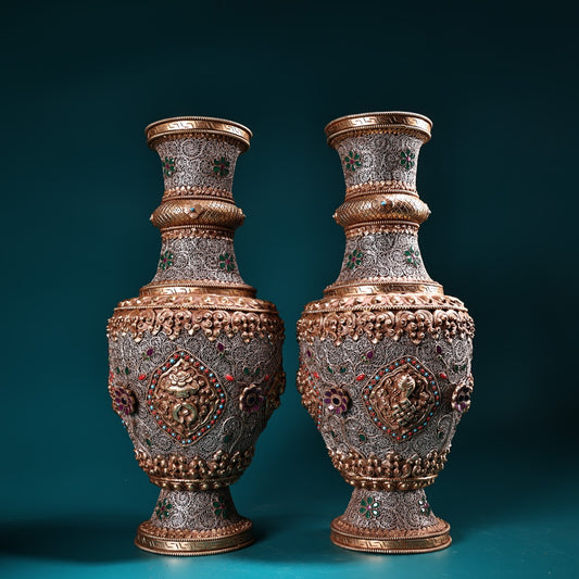 A0057 A Pair Tibetan Copper Inlay Gilt Gold Silver Wires & Gem Flower Design Vases