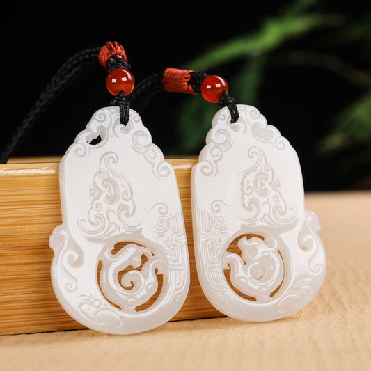 A0061 A Pair Openwork Chinese White Hetian Jade Carved Dragon Phoenix Pendant