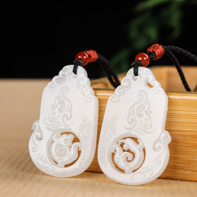 A0061 A Pair Openwork Chinese White Hetian Jade Carved Dragon Phoenix Pendant