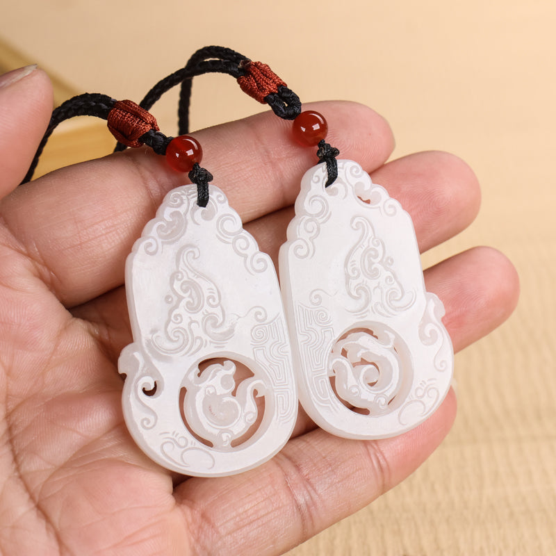 A0061 A Pair Openwork Chinese White Hetian Jade Carved Dragon Phoenix Pendant