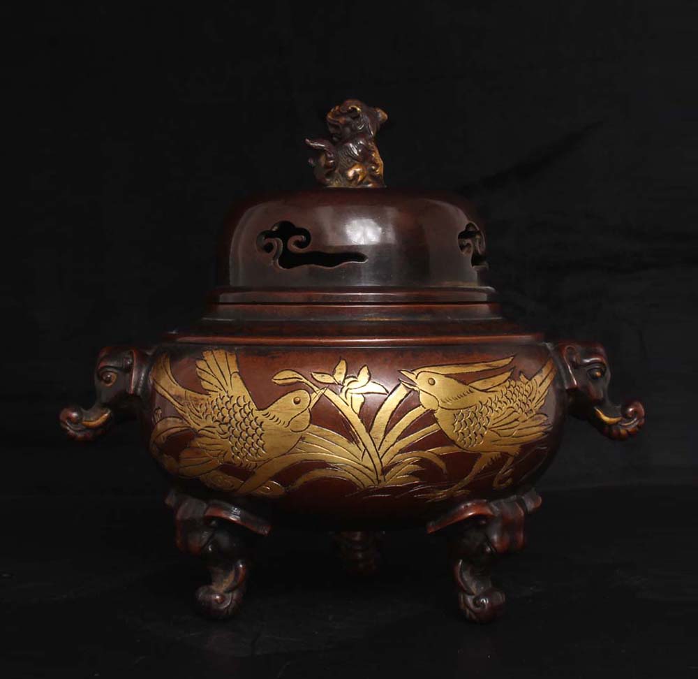 A0062 Vintage Chinese Gilt Gold Copper Elephant Head Double Ears 3 Legs Incense Burner