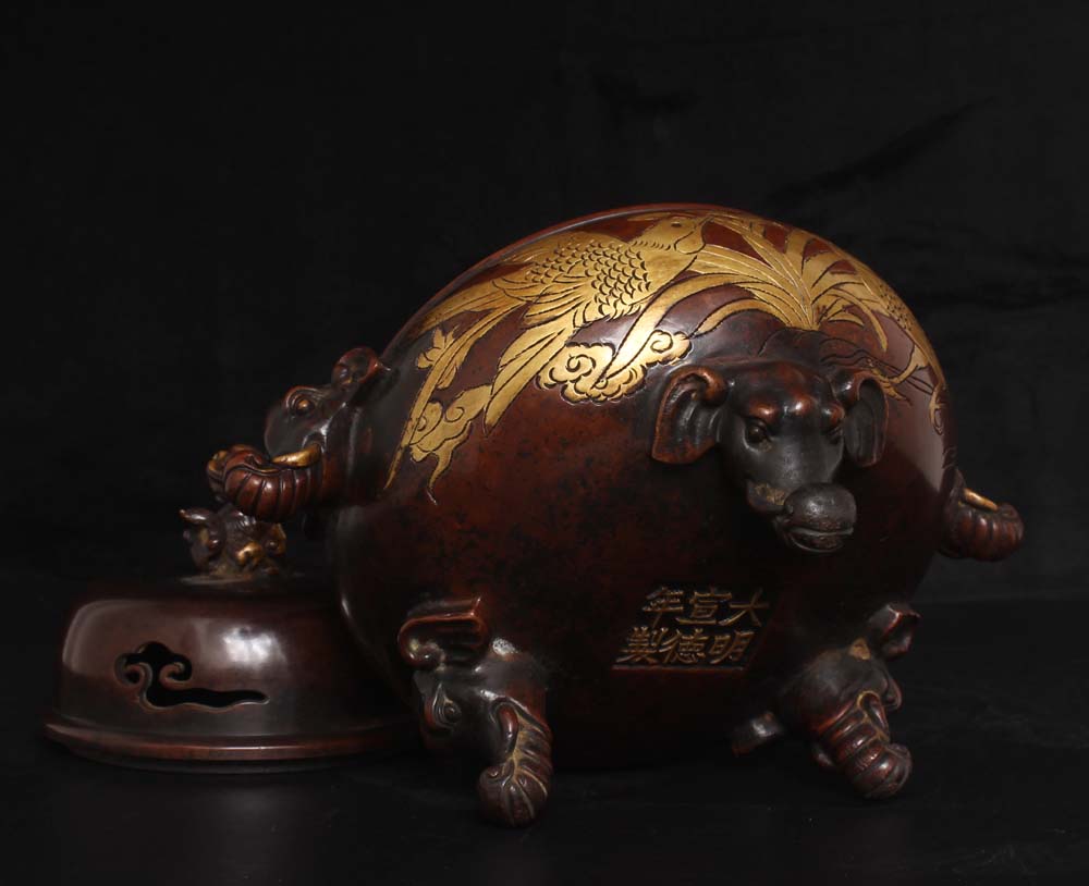 A0062 Vintage Chinese Gilt Gold Copper Elephant Head Double Ears 3 Legs Incense Burner