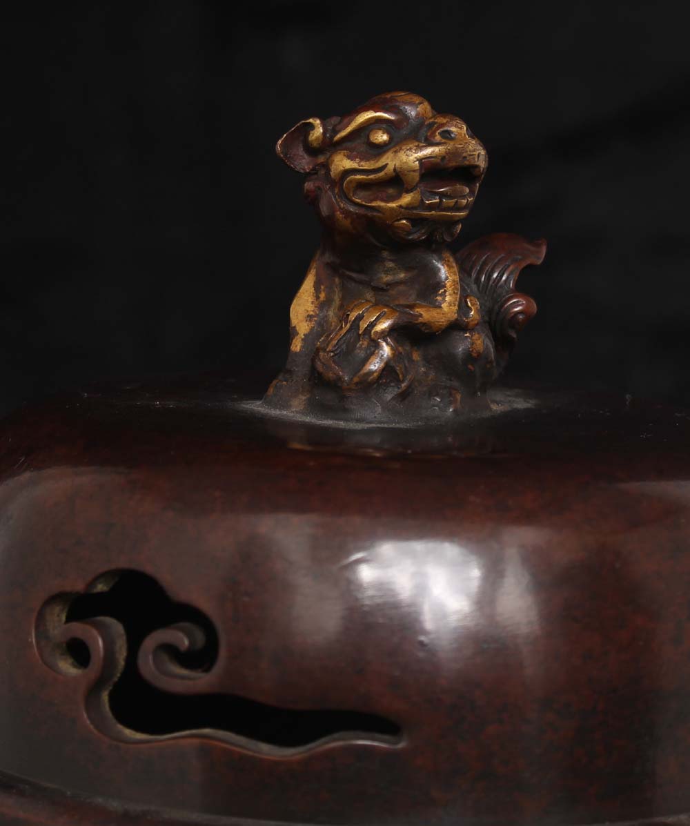 A0062 Vintage Chinese Gilt Gold Copper Elephant Head Double Ears 3 Legs Incense Burner