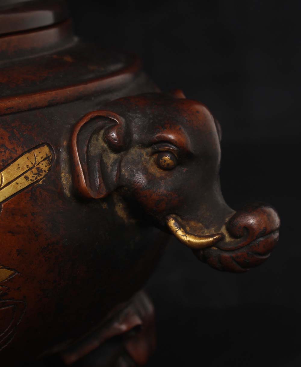 A0062 Vintage Chinese Gilt Gold Copper Elephant Head Double Ears 3 Legs Incense Burner