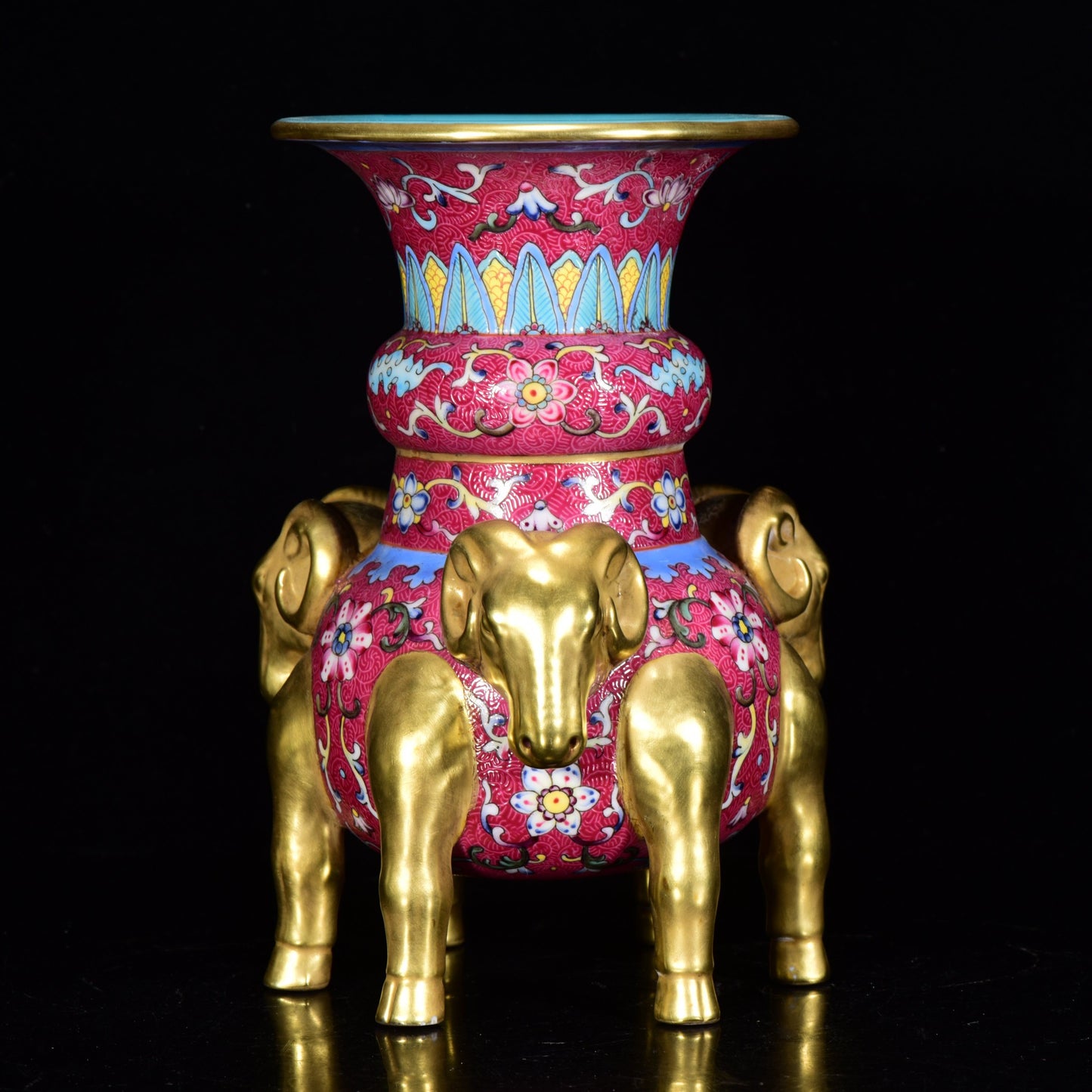 A0063 Chinese Gilt Gold Famille Rose Flower Design Three Sheep Porcelain Incense Burner