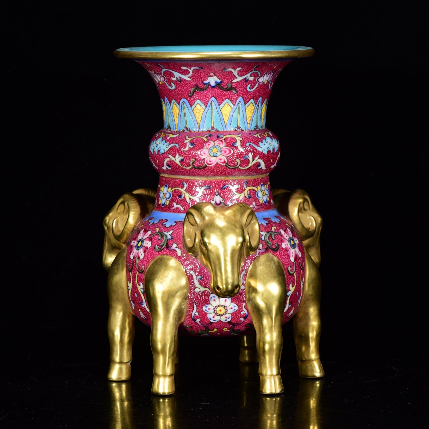 A0063 Chinese Gilt Gold Famille Rose Flower Design Three Sheep Porcelain Incense Burner