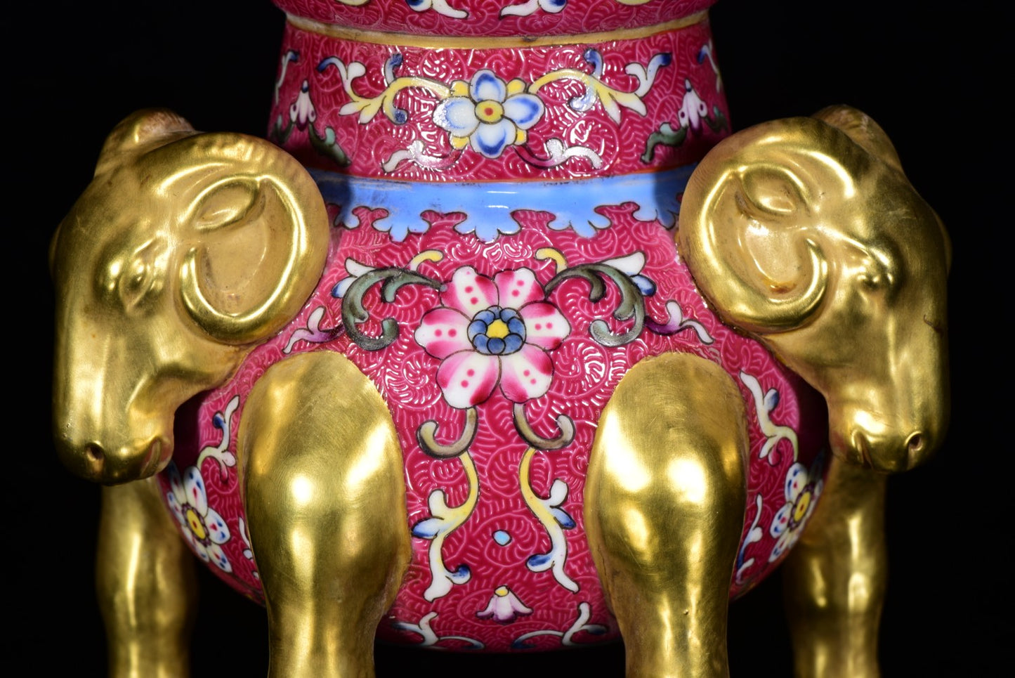 A0063 Chinese Gilt Gold Famille Rose Flower Design Three Sheep Porcelain Incense Burner