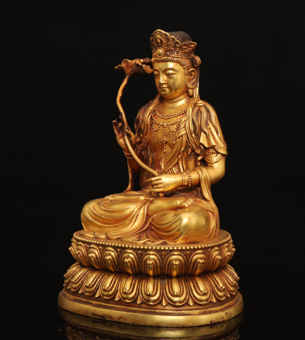 A0065 Vintage Chinese Gilt Gold Copper Bodhisattva Statue