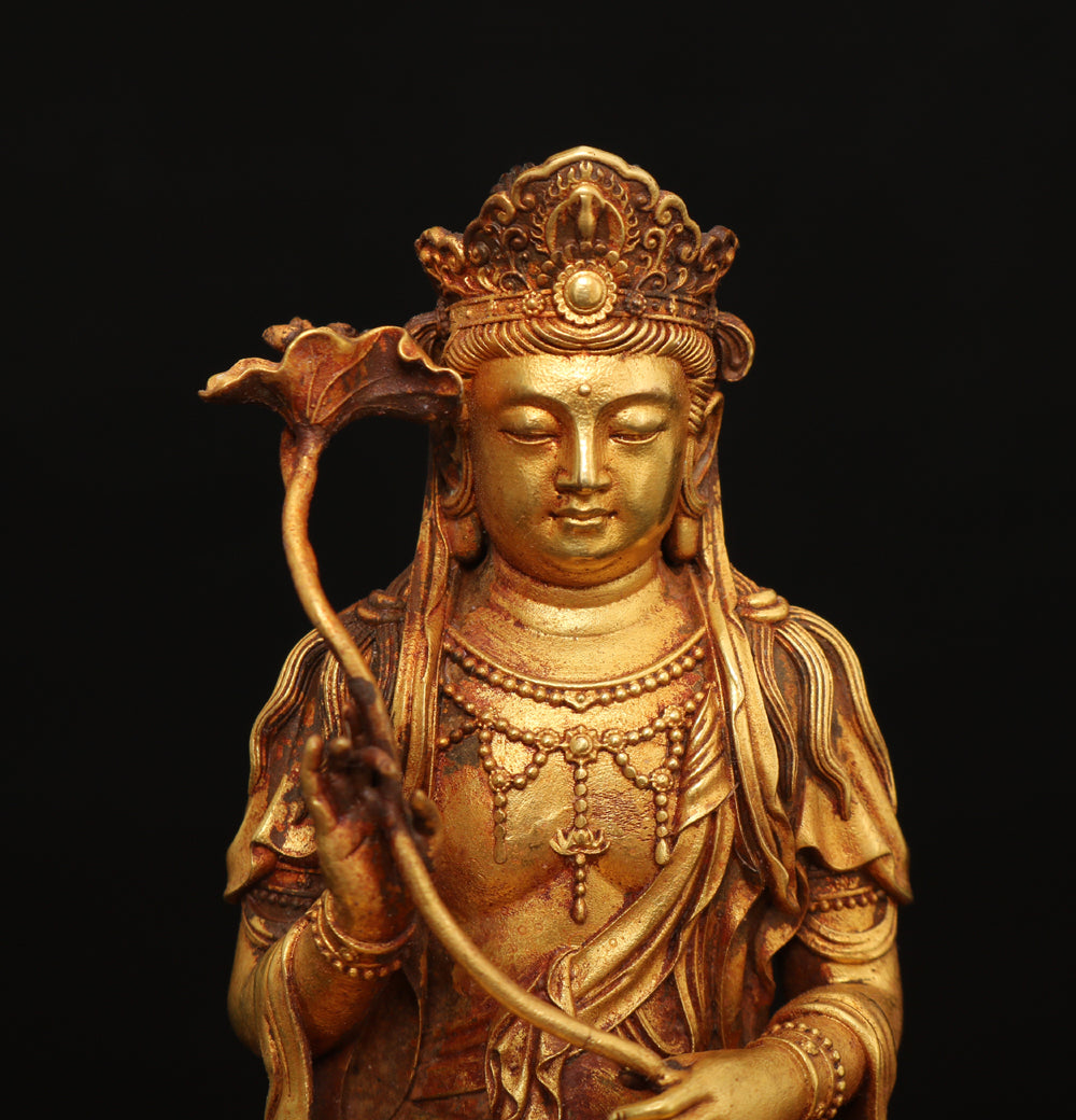 A0065 Vintage Chinese Gilt Gold Copper Bodhisattva Statue