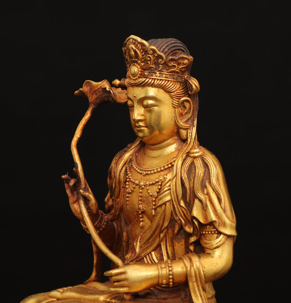 A0065 Vintage Chinese Gilt Gold Copper Bodhisattva Statue