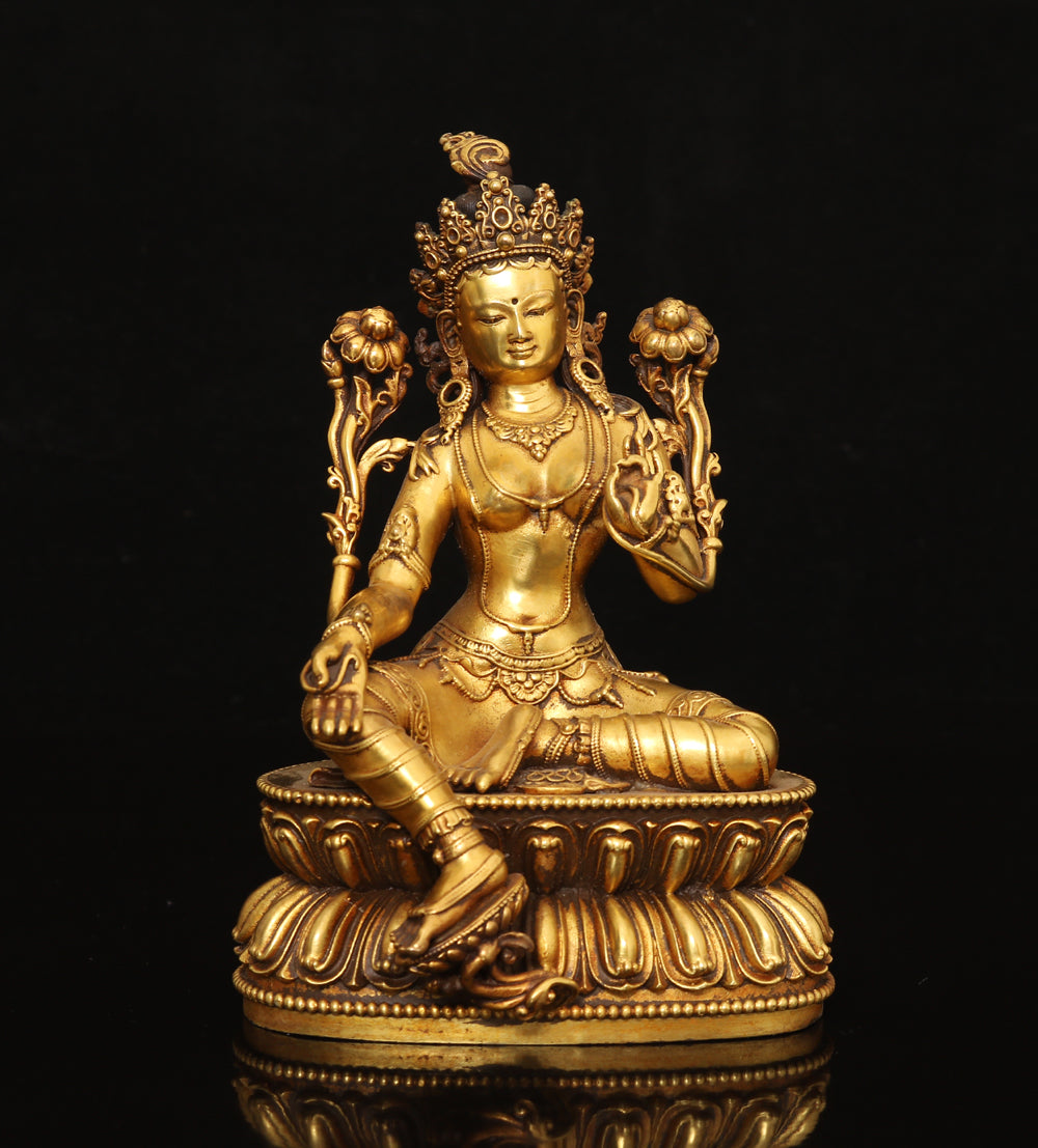 A0066 Old Chinese Gilt Gold Copper Green Tara Statue