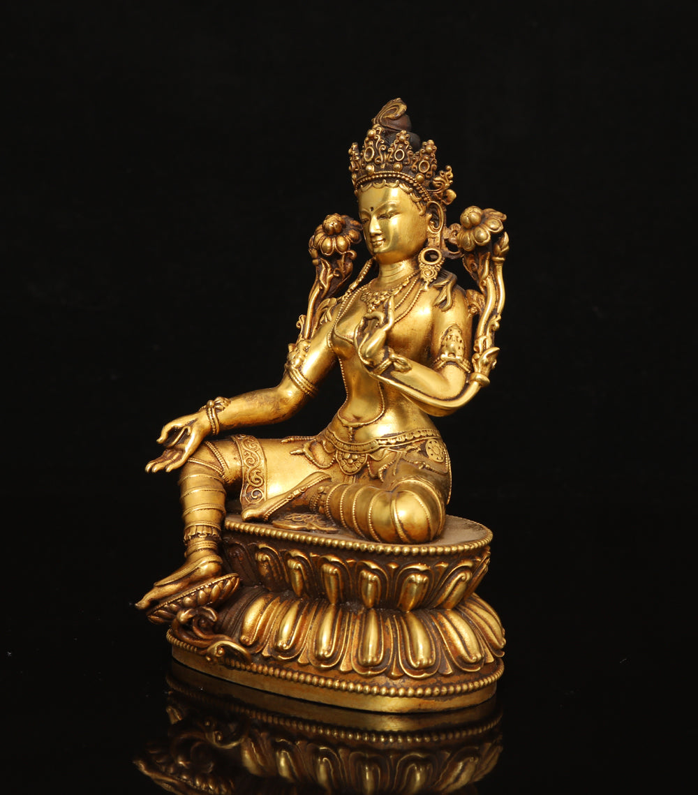 A0066 Old Chinese Gilt Gold Copper Green Tara Statue