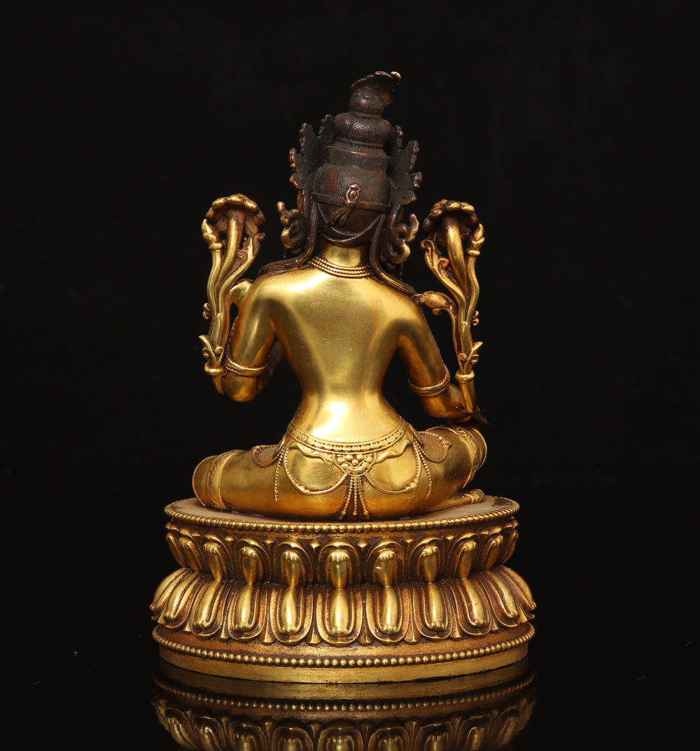 A0066 Old Chinese Gilt Gold Copper Green Tara Statue